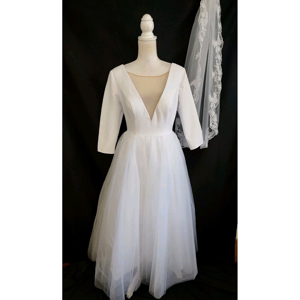 NWT Merry's Wedding Dress Courthouse Tulle Skirt Illusion Mesh Deep V Button 12